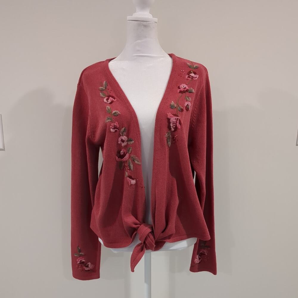 Coldwater Creek Women's M Embroidered Beaded Floral Front Tie Cardigan Sweater